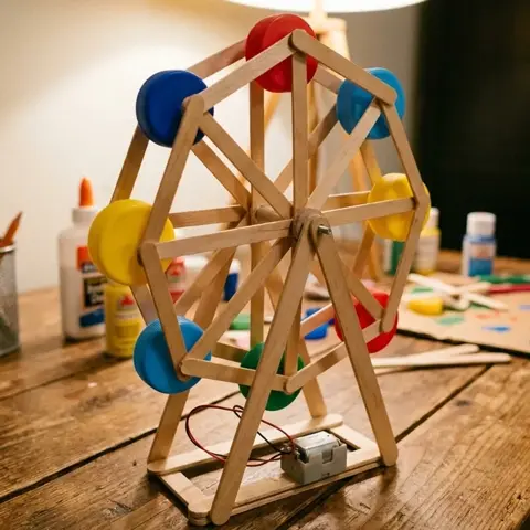 Popsicle-stick ferris wheel with bottle caps