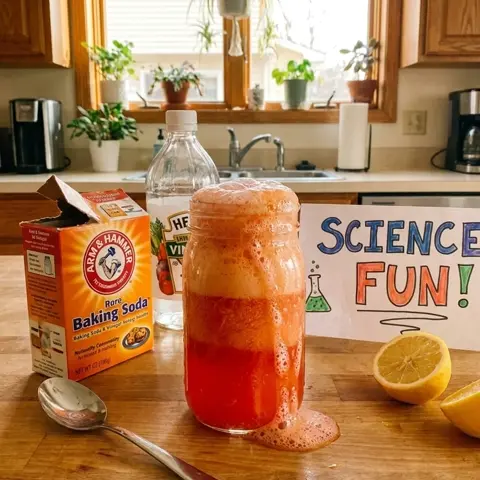 Baking soda and vinegar science experiment in the kitchen