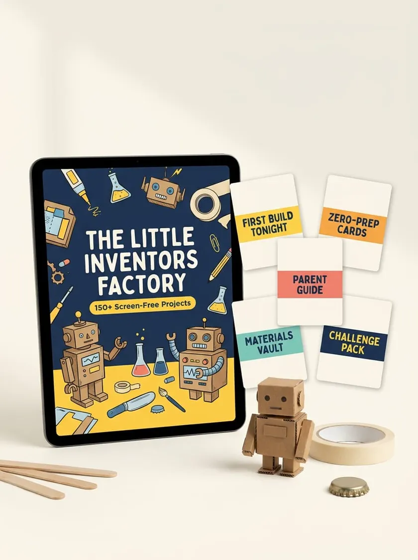 The Little Inventors Factory: the 150+ project library on a tablet, the 5 bonus cards and a cardboard robot