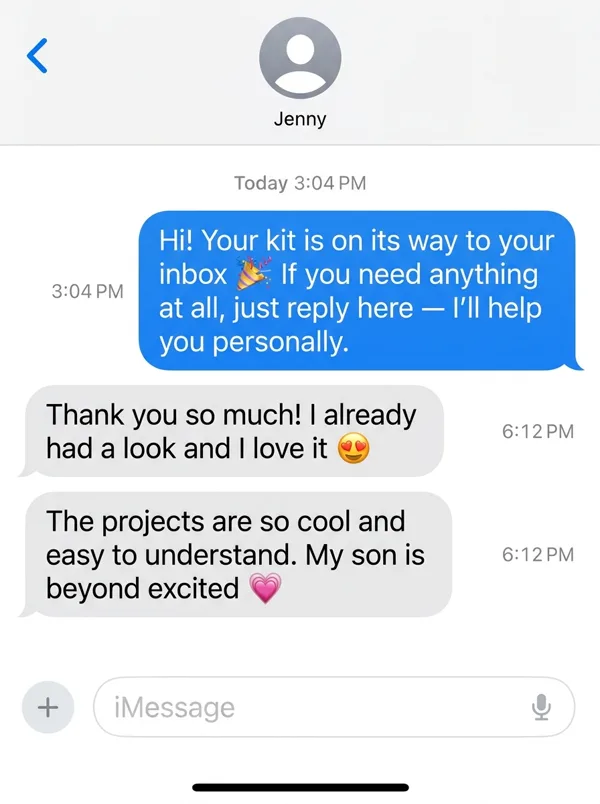 Text conversation with Jenny after getting the kit