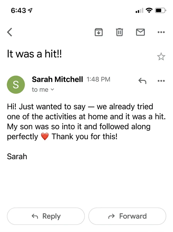 Email from Sarah after getting the kit
